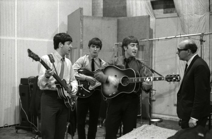 Beatles with Dick James in studio